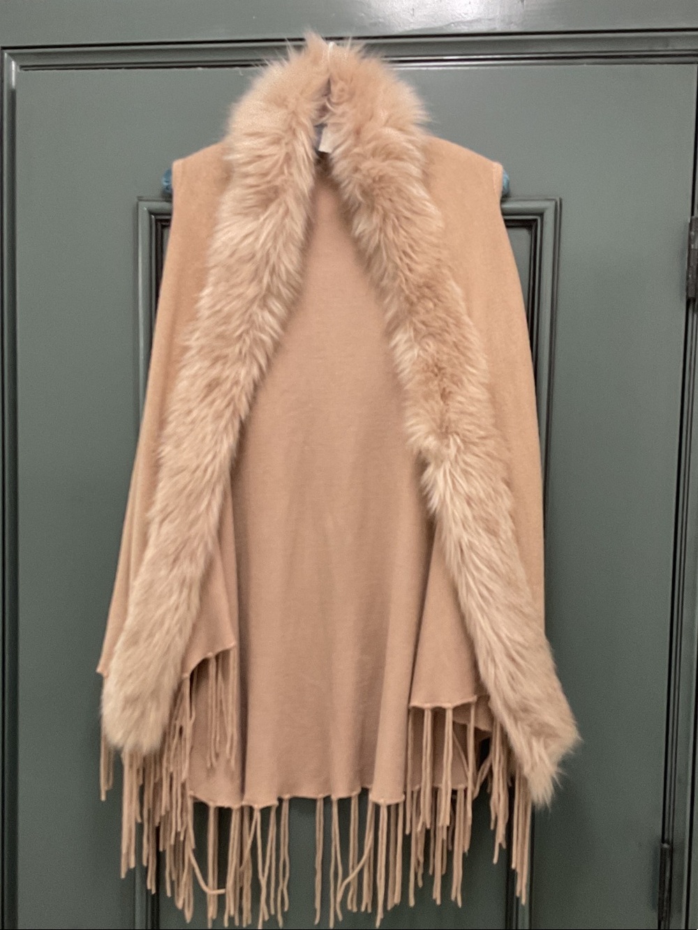 Women's Neutral Camel Faux-Fur Trim Fringed Sweater Vest wrap